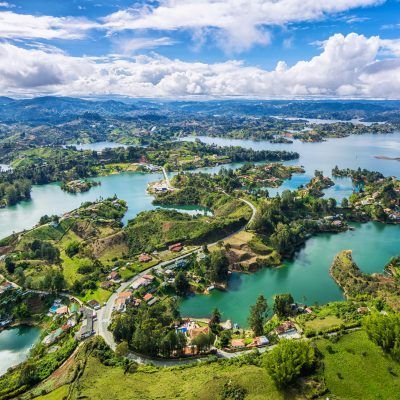 Panoramic view of Guatape from the Rock of Guatape (El Penol), near Medellin, Colombia.